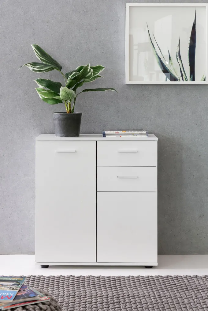 Sideboard 70 cm Weiß mit 2 Türen & 2 Schubladen Kommode Aktenschrank Tiefe 35 cm