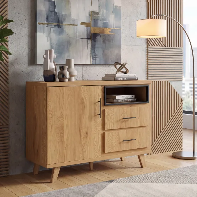 Sideboard Eiche Dekor 116cm Kommode Anrichte Standschrank mit Tür 2 Schubladen