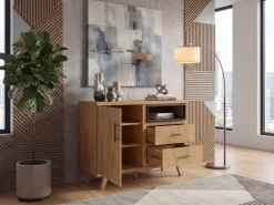 Sideboard Eiche Dekor 116cm Kommode Anrichte Standschrank mit Tür 2 Schubladen