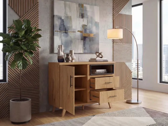 Sideboard Eiche Dekor 116cm Kommode Anrichte Standschrank mit Tür 2 Schubladen