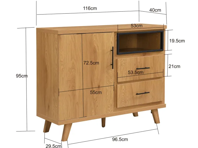 Sideboard Eiche Dekor 116cm Kommode Anrichte Standschrank mit Tür 2 Schubladen
