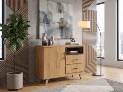 Sideboard Eiche Dekor 116cm Kommode Anrichte Standschrank mit Tür 2 Schubladen