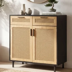 Sideboard FineBuy Anrichte 80 cm Schwarz Kommodenschrank mit Wiener Geflecht