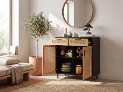 Sideboard FineBuy Anrichte 80 cm Schwarz Kommodenschrank mit Wiener Geflecht