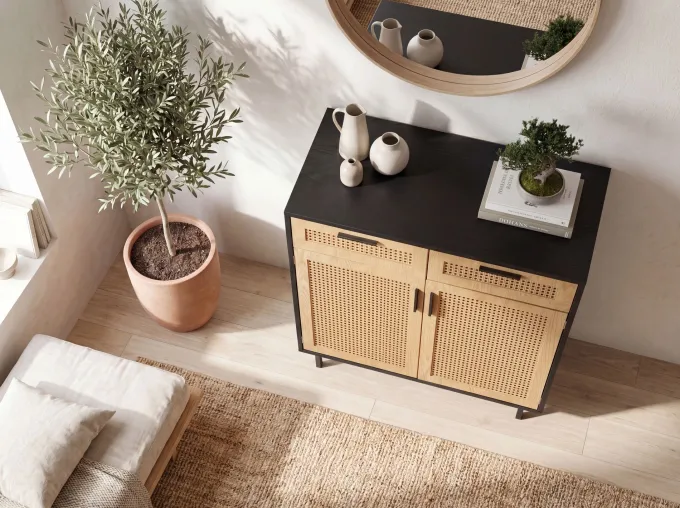 Sideboard FineBuy Anrichte 80 cm Schwarz Kommodenschrank mit Wiener Geflecht