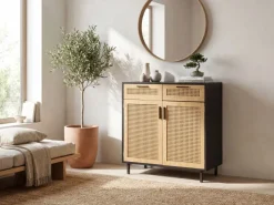 Sideboard FineBuy Anrichte 80 cm Schwarz Kommodenschrank mit Wiener Geflecht