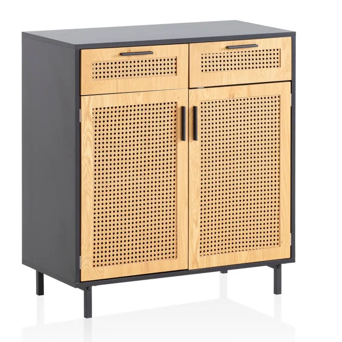 Sideboard FineBuy Anrichte 80 cm Schwarz Kommodenschrank mit Wiener Geflecht