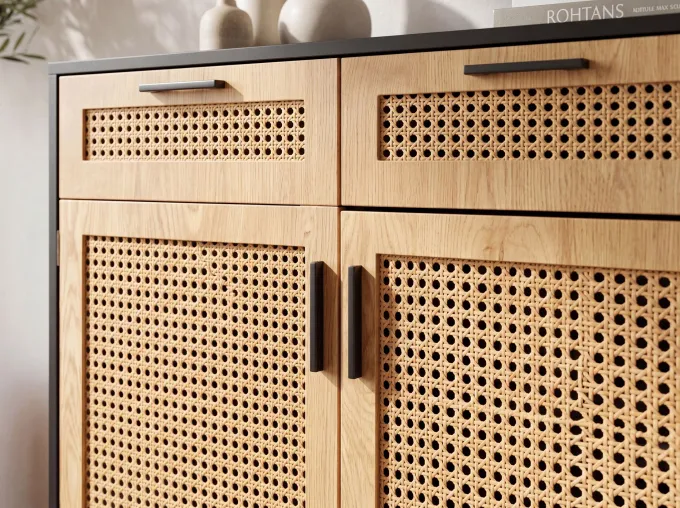 Sideboard FineBuy Anrichte 80 cm Schwarz Kommodenschrank mit Wiener Geflecht
