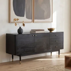 Sideboard FineBuy Anrichte 160 cm Massivholz Schwarz Kommode Türen Schubladen