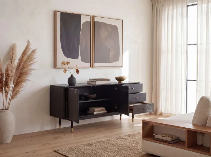 Sideboard FineBuy Anrichte 160 cm Massivholz Schwarz Kommode Türen Schubladen
