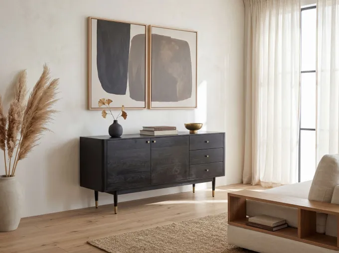 Sideboard FineBuy Anrichte 160 cm Massivholz Schwarz Kommode Türen Schubladen