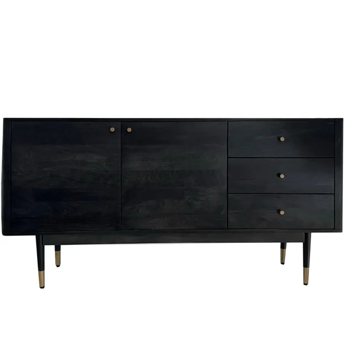 Sideboard FineBuy Anrichte 160 cm Massivholz Schwarz Kommode Türen Schubladen