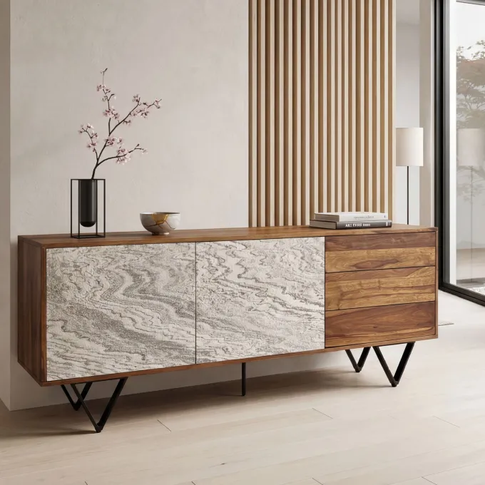 Sideboard FineBuy 175 cm Anrichte Massivholz Steinoptik Kommode Türen Schubladen