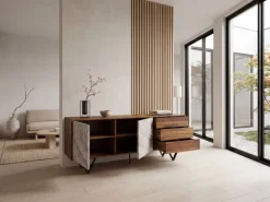 Sideboard FineBuy 175 cm Anrichte Massivholz Steinoptik Kommode Türen Schubladen