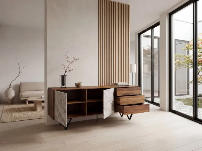 Sideboard FineBuy 175 cm Anrichte Massivholz Steinoptik Kommode Türen Schubladen
