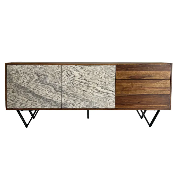 Sideboard FineBuy 175 cm Anrichte Massivholz Steinoptik Kommode Türen Schubladen