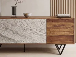 Sideboard FineBuy 175 cm Anrichte Massivholz Steinoptik Kommode Türen Schubladen
