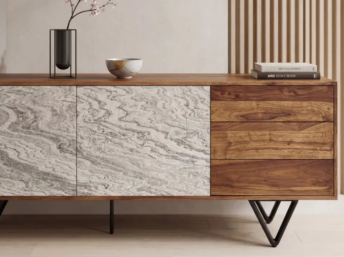 Sideboard FineBuy 175 cm Anrichte Massivholz Steinoptik Kommode Türen Schubladen