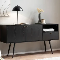 Sideboard FineBuy 140cm Eiche Dekor Schwarz mit 2 Türen Schublade & Ablage Kommode