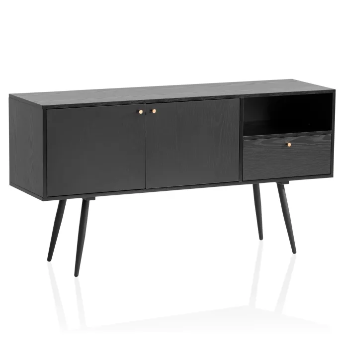 Sideboard FineBuy 140cm Eiche Dekor Schwarz mit 2 Türen Schublade & Ablage Kommode