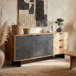 Sideboard FineBuy 175 cm Massivholz Steinoptik Kommode Anrichte Türen Schubladen