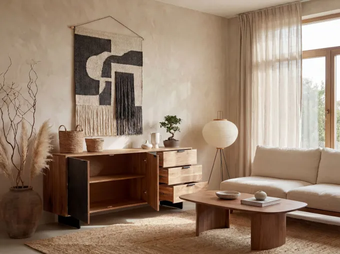 Sideboard FineBuy 175 cm Massivholz Steinoptik Kommode Anrichte Türen Schubladen