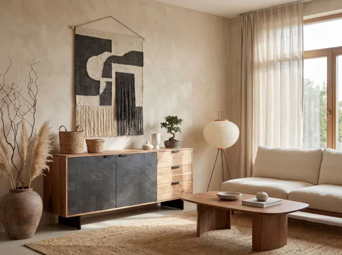 Sideboard FineBuy 175 cm Massivholz Steinoptik Kommode Anrichte Türen Schubladen