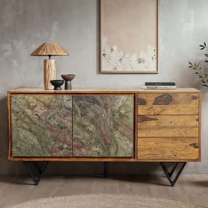 Sideboard FineBuy Kommode Sheesham Massivholz 150 cm Türen Steinoptik Schubladen