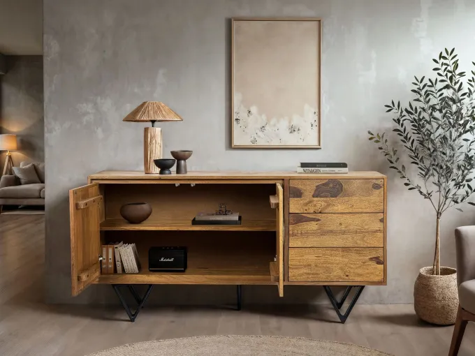 Sideboard FineBuy Kommode Sheesham Massivholz 150 cm Türen Steinoptik Schubladen
