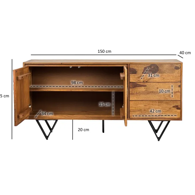 Sideboard FineBuy Kommode Sheesham Massivholz 150 cm Türen Steinoptik Schubladen