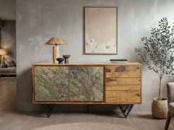 Sideboard FineBuy Kommode Sheesham Massivholz 150 cm Türen Steinoptik Schubladen