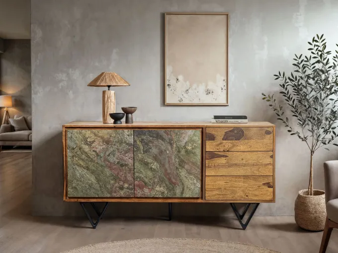 Sideboard FineBuy Kommode Sheesham Massivholz 150 cm Türen Steinoptik Schubladen