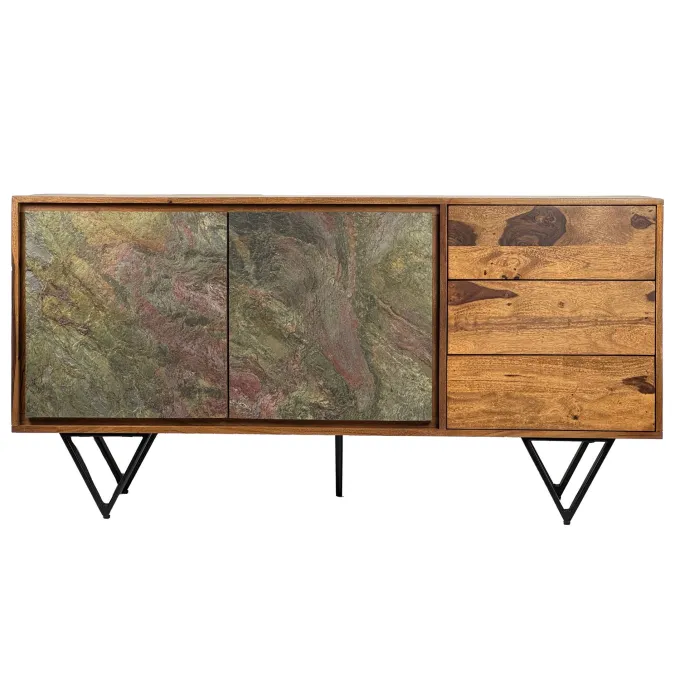 Sideboard FineBuy Kommode Sheesham Massivholz 150 cm Türen Steinoptik Schubladen