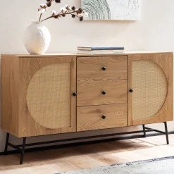 Sideboard in Eiche Dekor 140 cm Kommode mit 2 Türen & 3 Schubladen aus Wiener Rattan Geflecht Design