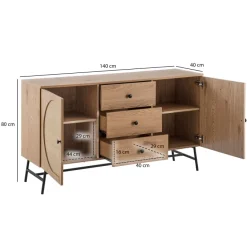 Sideboard in Eiche Dekor 140 cm Kommode mit 2 Türen & 3 Schubladen aus Wiener Rattan Geflecht Design