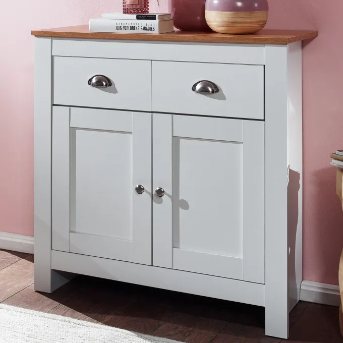 Sideboard MDF Weiß - Eiche 80cm Kommode mit 2 Schubladen & 2 Türen modernes Design