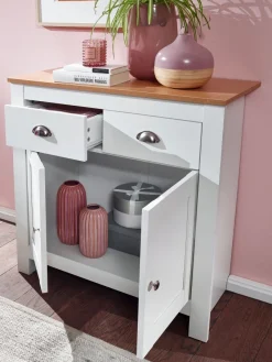 Sideboard MDF Weiß - Eiche 80cm Kommode mit 2 Schubladen & 2 Türen modernes Design
