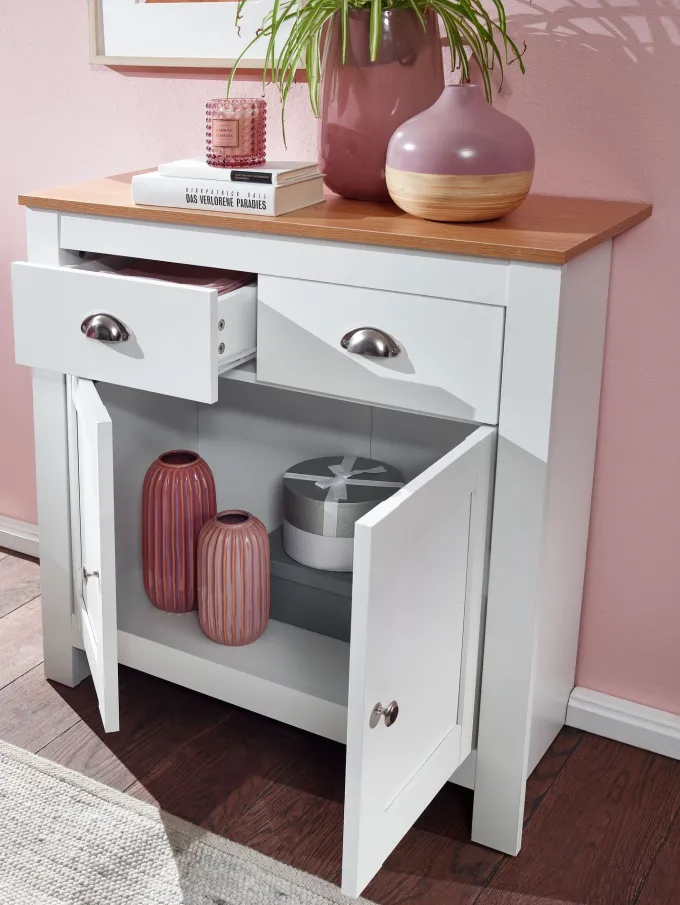 Sideboard MDF Weiß - Eiche 80cm Kommode mit 2 Schubladen & 2 Türen modernes Design