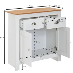 Sideboard MDF Weiß - Eiche 80cm Kommode mit 2 Schubladen & 2 Türen modernes Design
