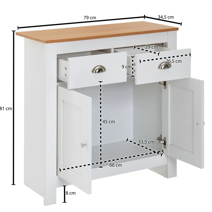 Sideboard MDF Weiß - Eiche 80cm Kommode mit 2 Schubladen & 2 Türen modernes Design