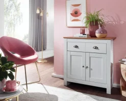 Sideboard MDF Weiß - Eiche 80cm Kommode mit 2 Schubladen & 2 Türen modernes Design
