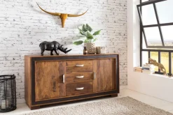 Sideboard Sheesham Massivholz 160x44x80 cm Kommode Schubladen & Türen Kunstleder