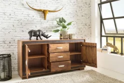Sideboard Sheesham Massivholz 160x44x80 cm Kommode Schubladen & Türen Kunstleder