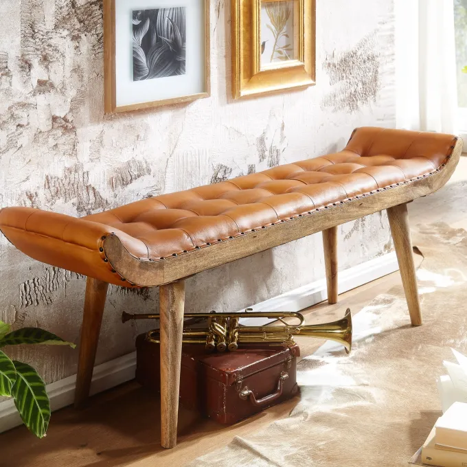 Sitzbank FineBuy Flurbank Chesterfield Echtleder Polsterbank 125x50x38 cm Bank
