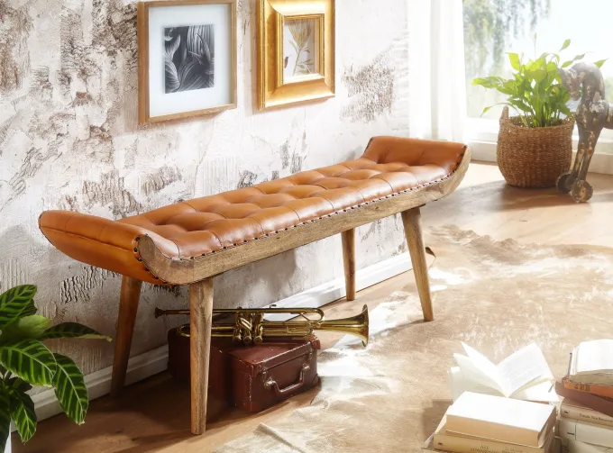 Sitzbank FineBuy Flurbank Chesterfield Echtleder Polsterbank 125x50x38 cm Bank