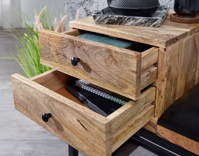 Sitzbank FineBuy Flurbank Echtleder Holz Massiv 100 cm Polsterbank Stauraum Bank