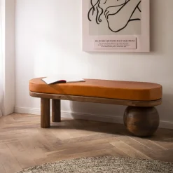 Sitzbank FineBuy Flurbank Echtleder Holz Massiv 140 cm Polsterbank Bank Braun