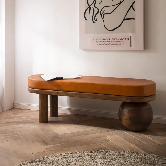 Sitzbank FineBuy Flurbank Echtleder Holz Massiv 140 cm Polsterbank Bank Braun