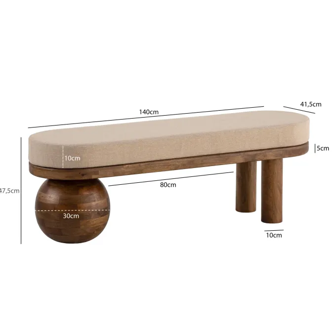 Sitzbank FineBuy Flurbank Stoff Holz Massiv 140 cm Polsterbank Bank Beige Modern