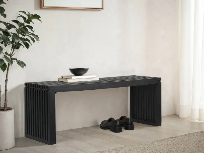 Sitzbank FineBuy Garderobenbank Akazie Massivholz 120 cm Schwarz Flurbank Klein